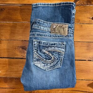 Silver Jeans Co Women's 26x35 (Fits 28x33) Twisted Bootcut Blue Denim Stretch